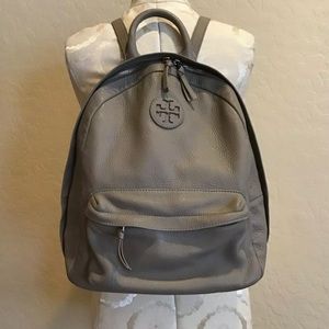 Tory Burch ELLA Zip-Around Pebbled Leather Backpack French Gray Medallion Logo